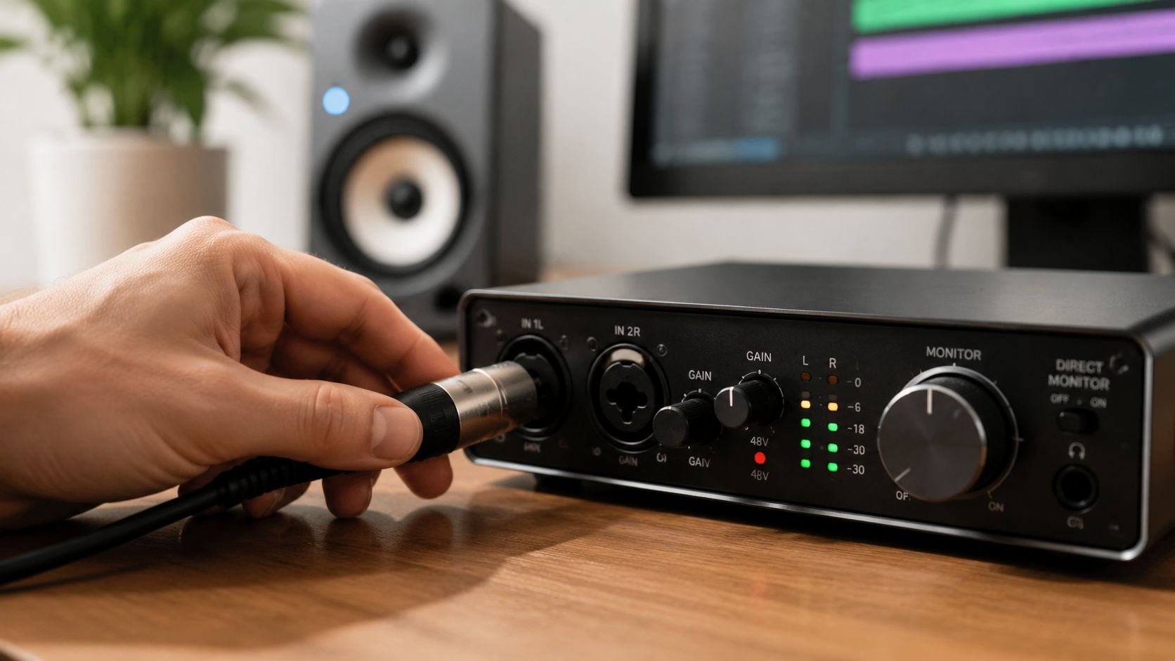 A hand plugging a professional XLR microphone cable into the input port of a modern audio interface.