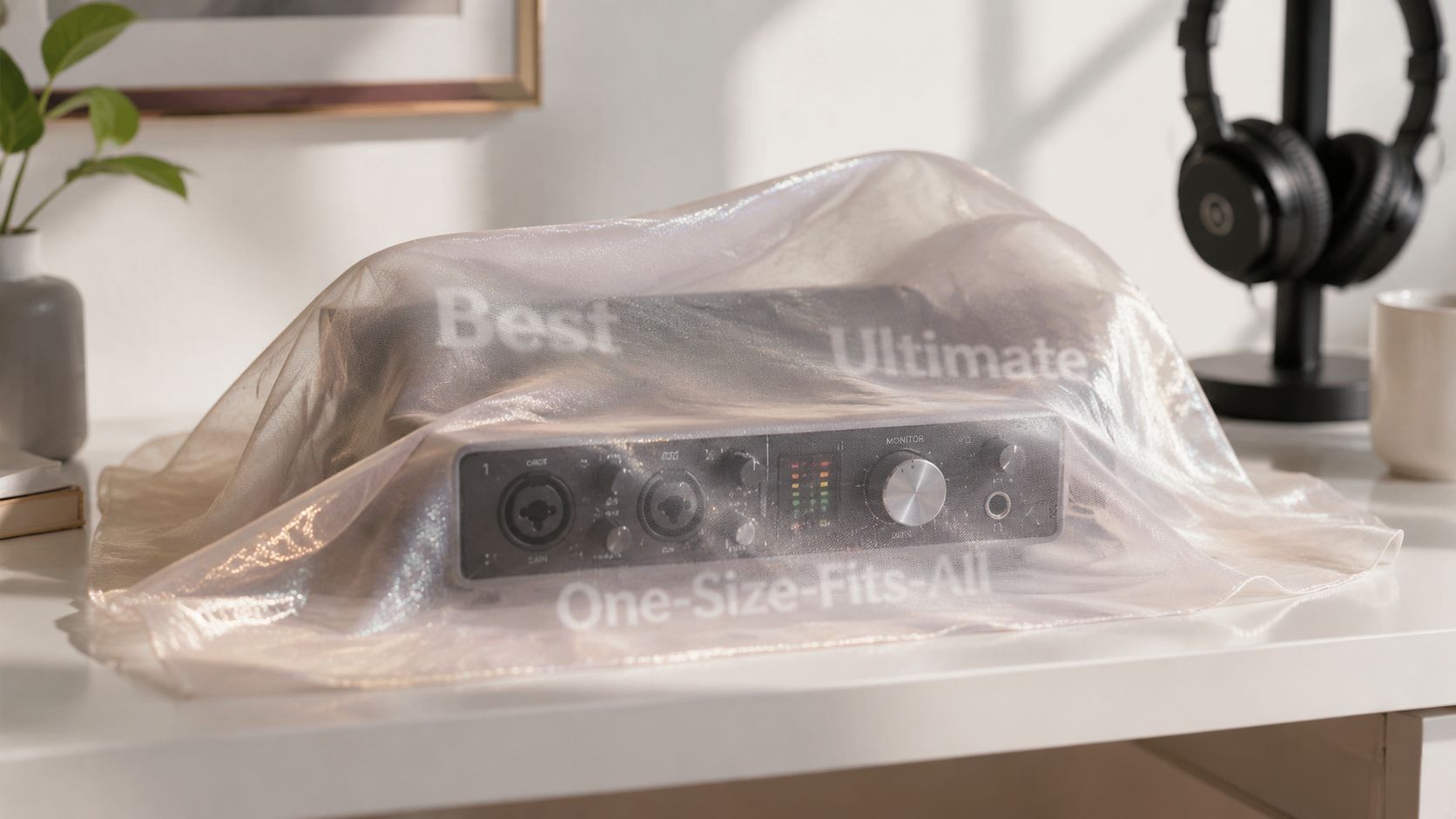 A professional audio interface covered by a translucent fabric sits on a clean white desk.
