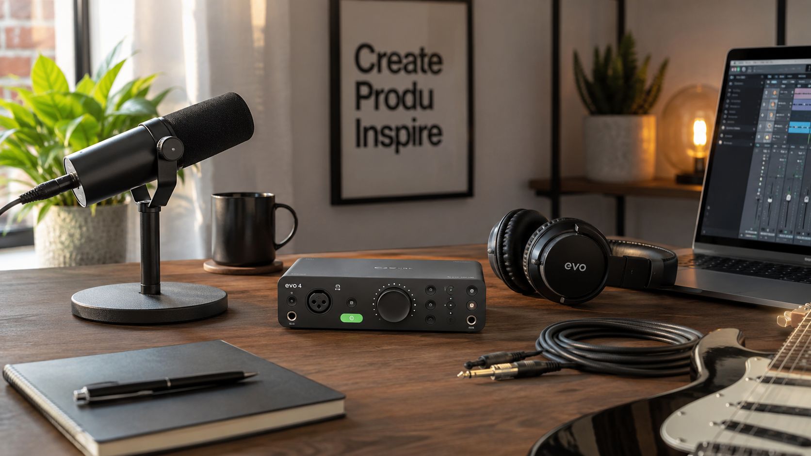 A professional home recording studio setup featuring an EVO 4 audio interface, microphone, headphones, and a laptop.