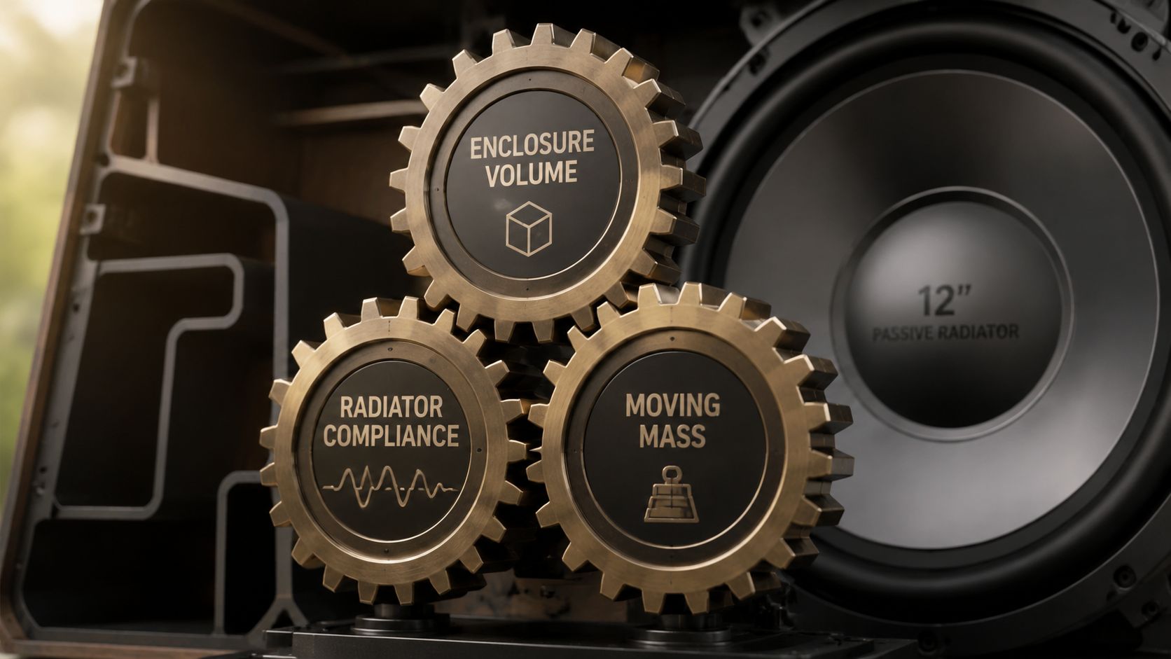 Three interlocked golden gears representing enclosure volume, radiator compliance, and moving mass with a passive radiator speaker.