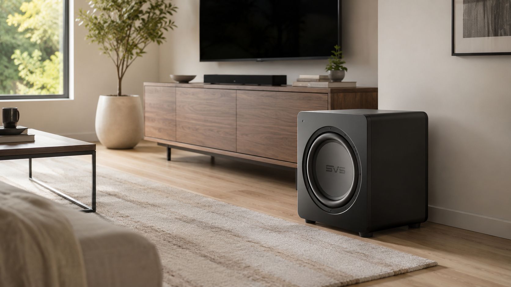 A modern black SVS subwoofer with large 12-inch passive radiators sits on a living room rug.