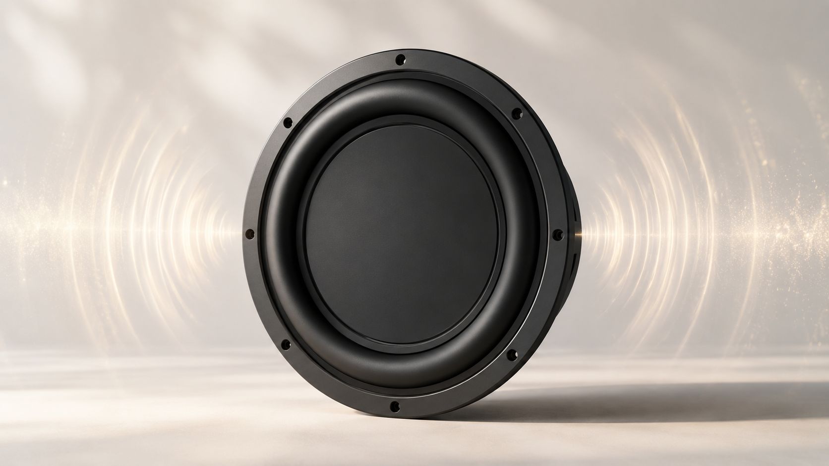A professional black 12 inch passive radiator subwoofer speaker unit displayed against a light background with sound waves.
