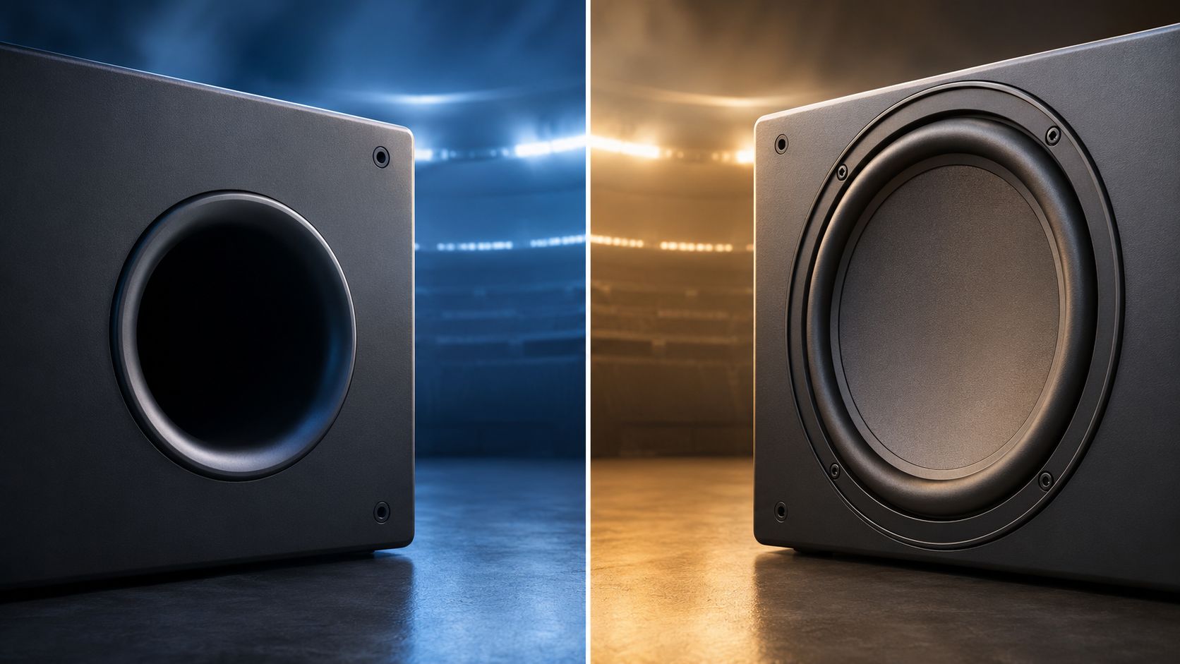 A split image showing a black speaker port on the left and a speaker driver on the right.