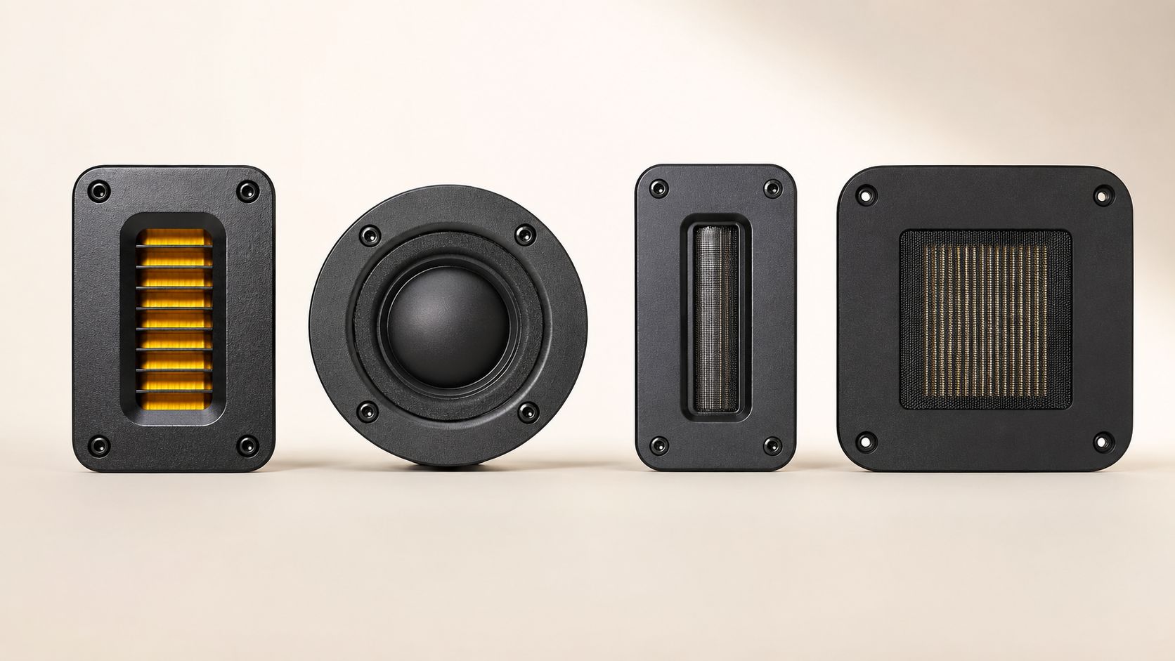 Four different types of audio tweeter drivers featuring various shapes and diaphragm technologies on a beige background.