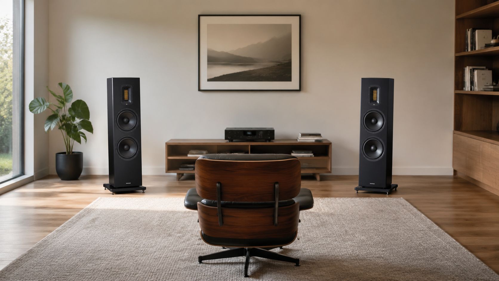 A modern living room features a high-end audio setup with floorstanding speakers and a comfortable lounge chair.