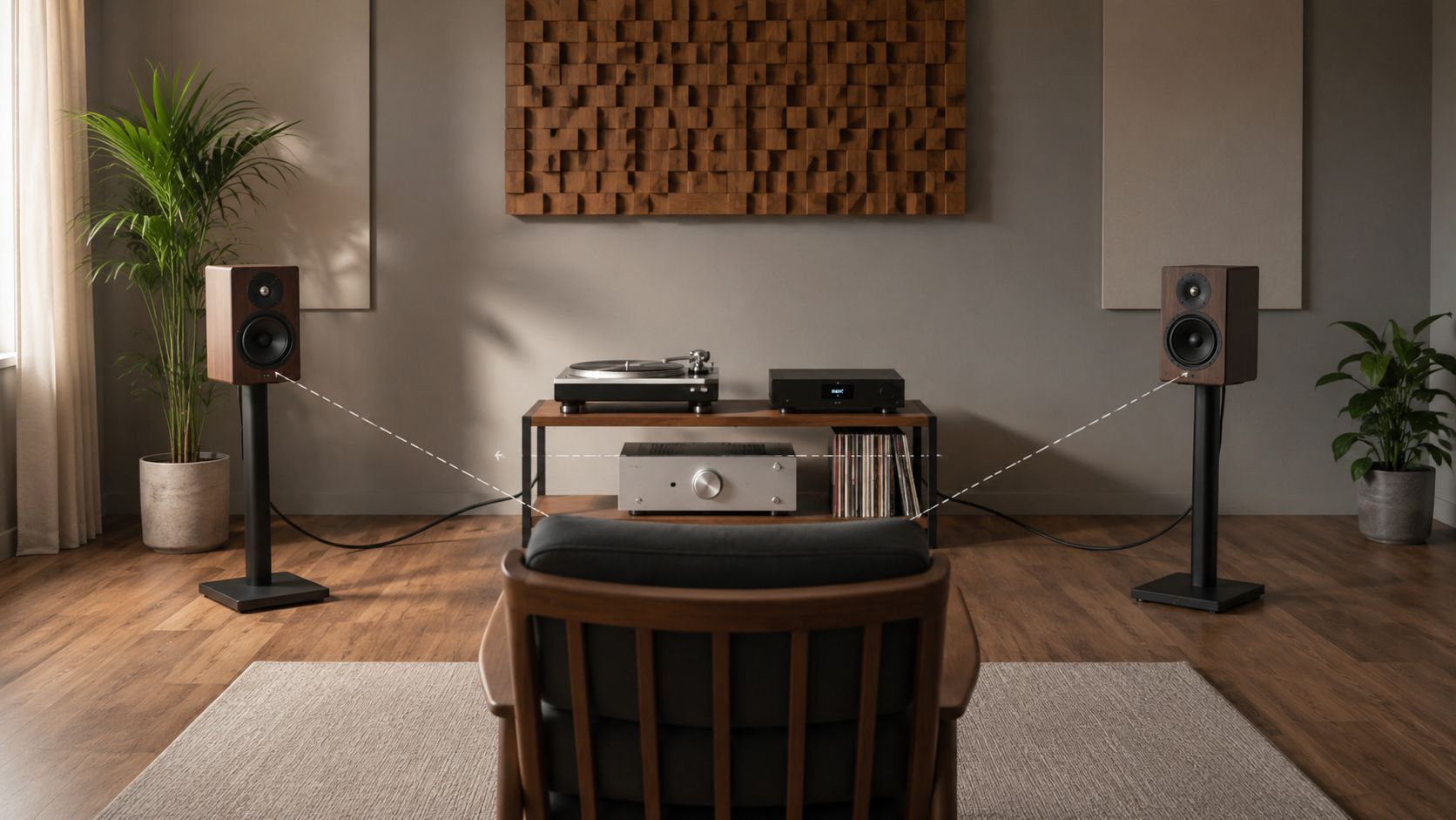 A modern home audio setup featuring bookshelf speakers, a turntable, and an amplifier in a cozy living room.