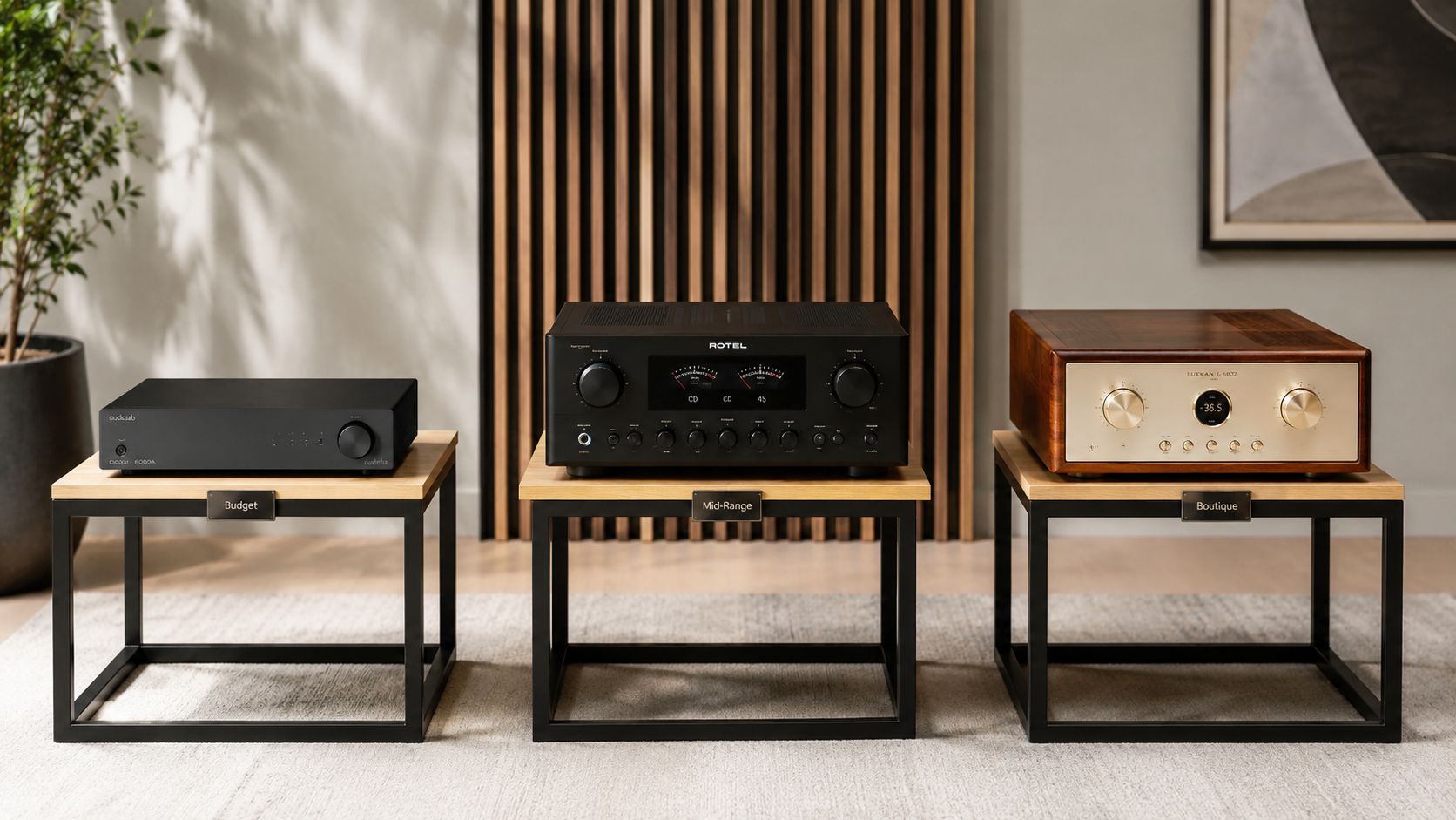 Three different audio amplifiers arranged on wooden tables in a room with a decorative slat wall background.