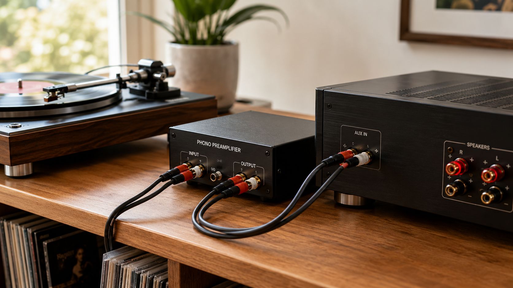 A black record turntable, phono preamplifier, and amplifier setup on a wooden shelf with vinyl records.