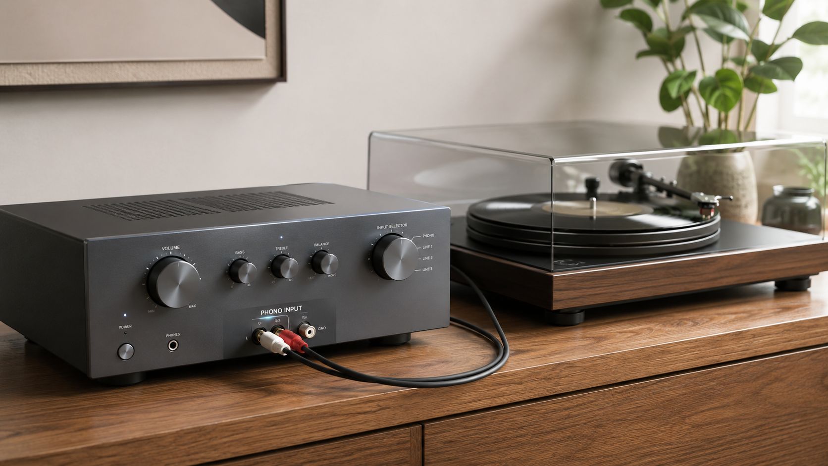 A high-quality vintage style stereo amplifier connected to a modern turntable on a wooden cabinet.