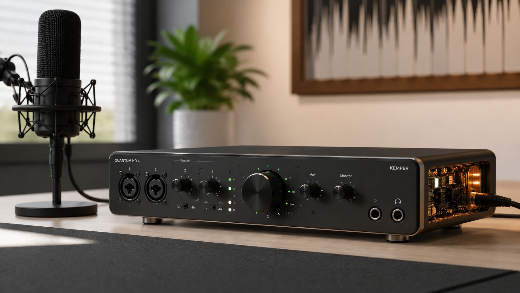 A professional Kemper Quantum HD 4 audio interface and a studio microphone on a desk.