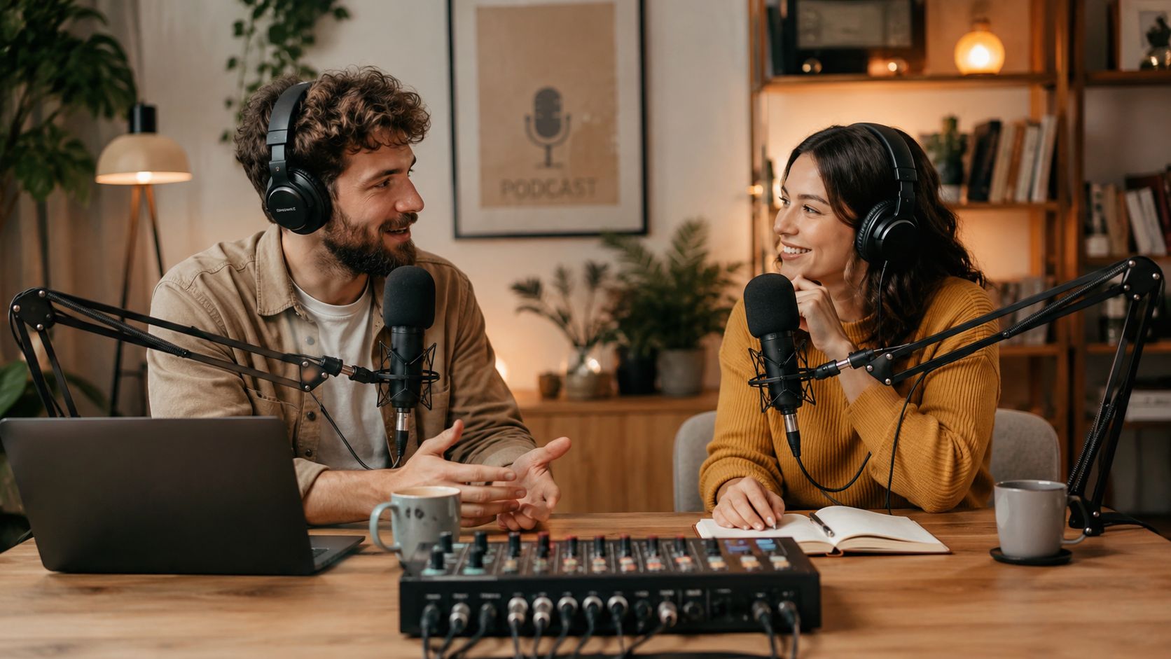 A man and a woman sitting at a table with microphones recording a podcast in a home studio.