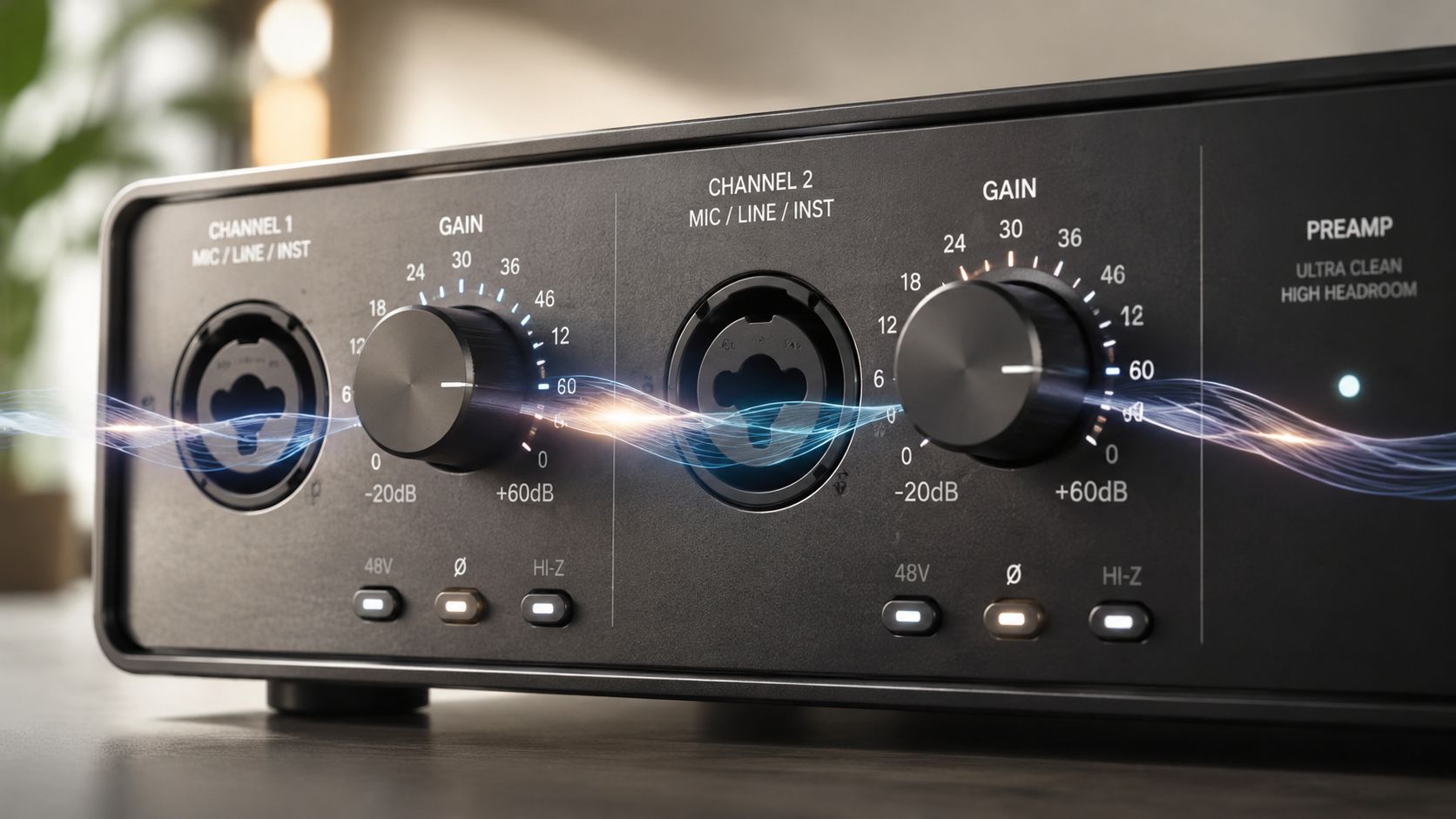 A close-up view of a professional two-channel studio audio interface with glowing gain knobs and input ports.