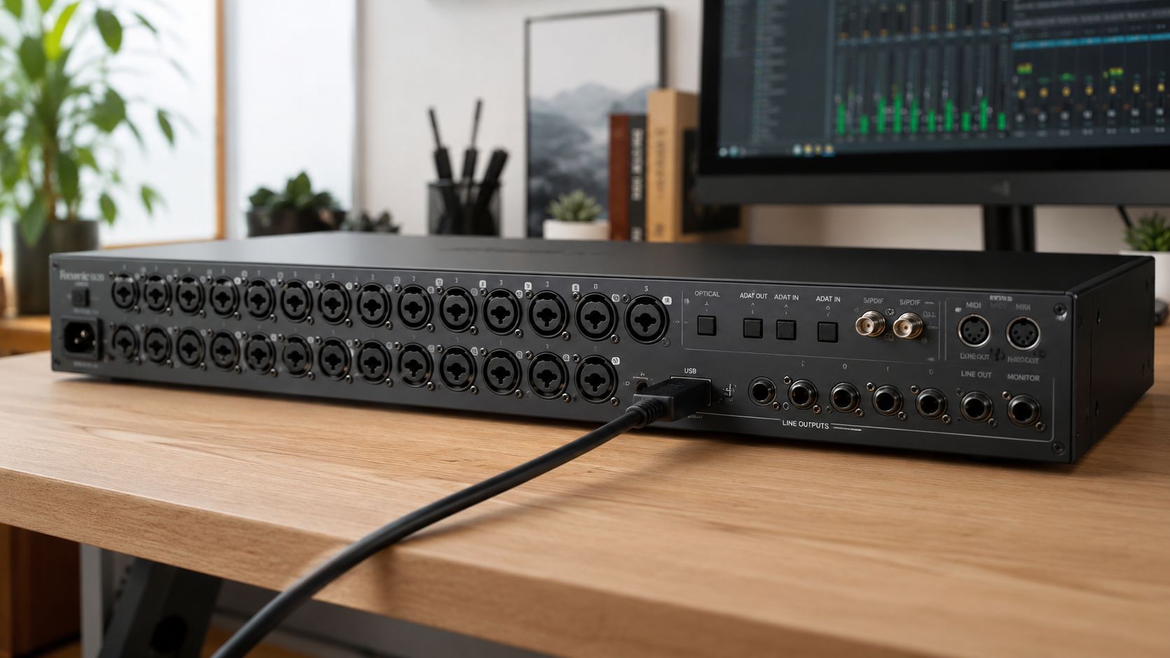 Rear view of a Focusrite professional audio interface sitting on a wooden desk with various connection ports.