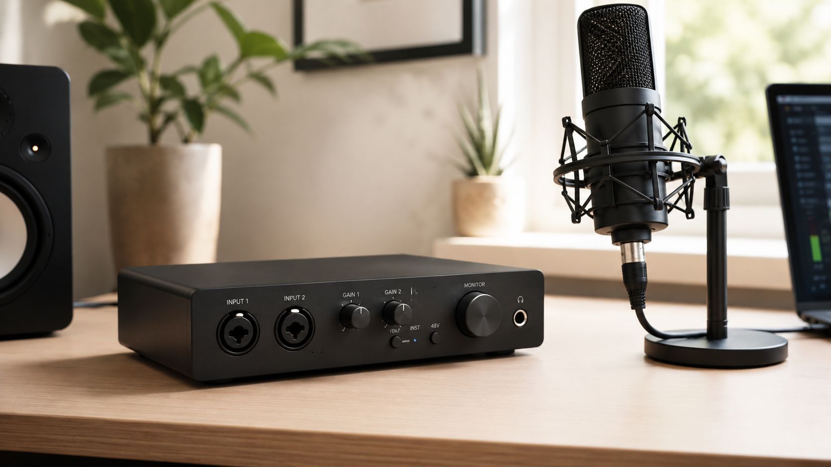 A professional audio interface placed on a wooden desk next to a microphone and studio speaker.
