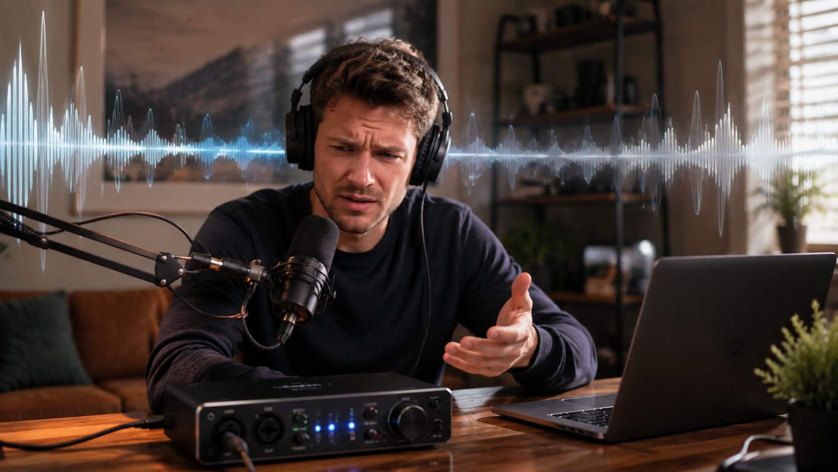 A focused content creator wearing headphones and speaking into a microphone while using an audio interface.