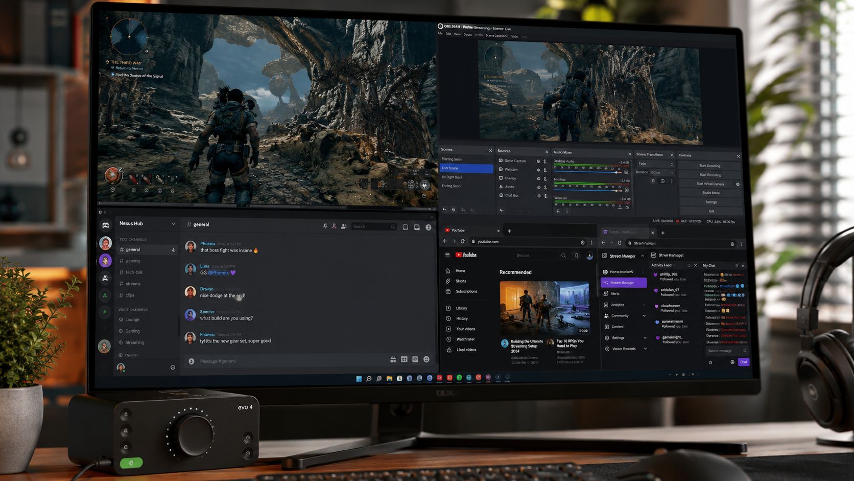 A modern gaming workspace with a large monitor displaying streaming software and an external audio interface device.