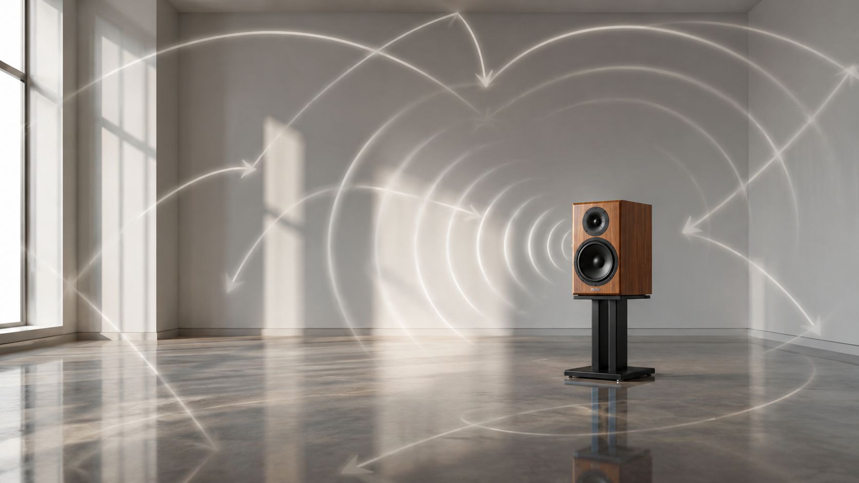 A high-end wooden bookshelf speaker on a stand in a minimalist room with visualized sound waves