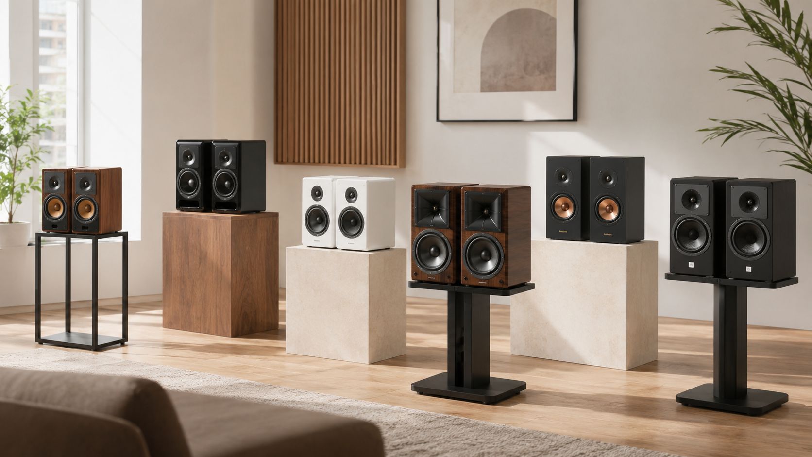 A collection of various bookshelf speakers arranged on wooden and stone pedestals in a modern living room.