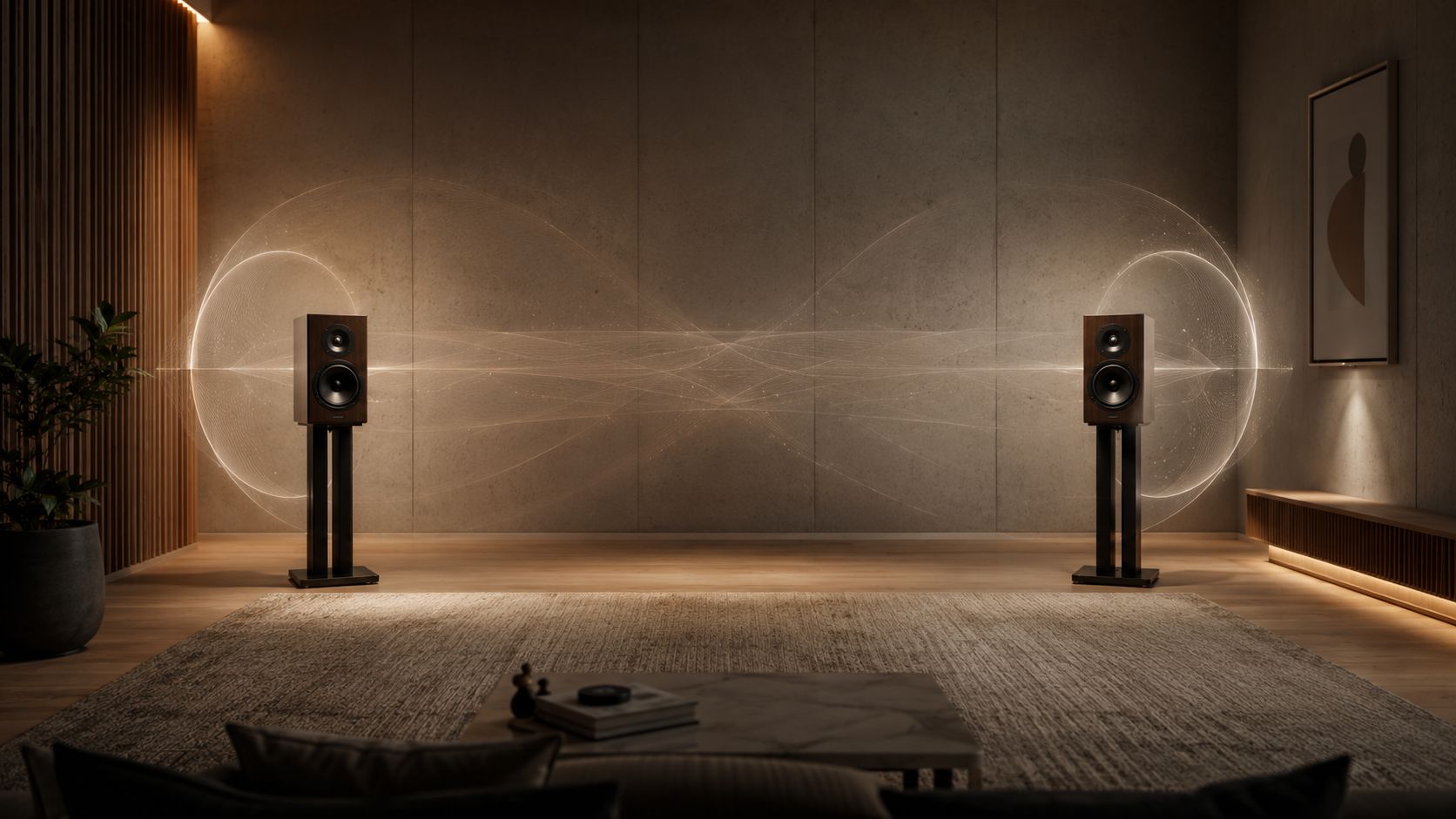 A modern living room with two high-end bookshelf speakers emitting glowing sound waves in an infinity pattern.