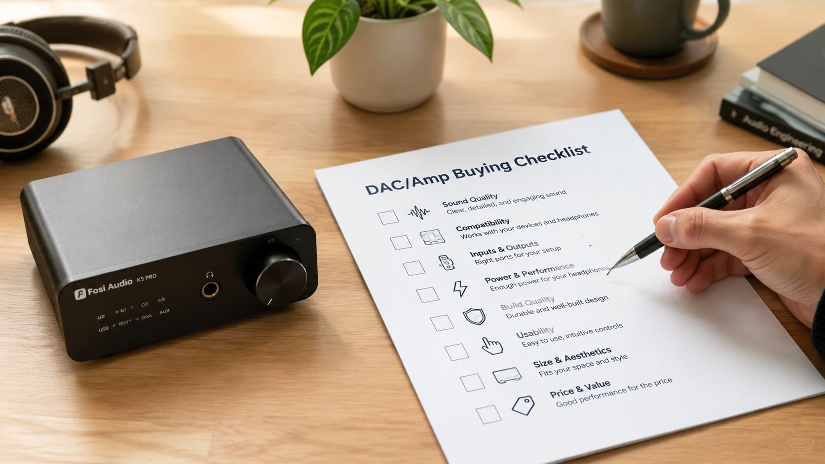 A hand filling out a DAC/Amp buying checklist next to a Fosi Audio K5 Pro desktop amplifier.