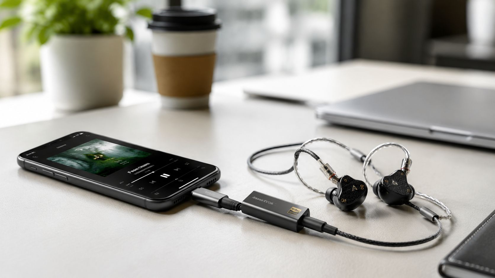 A smartphone connected to a portable DAC and amp with high-quality wired earphones on a desk.