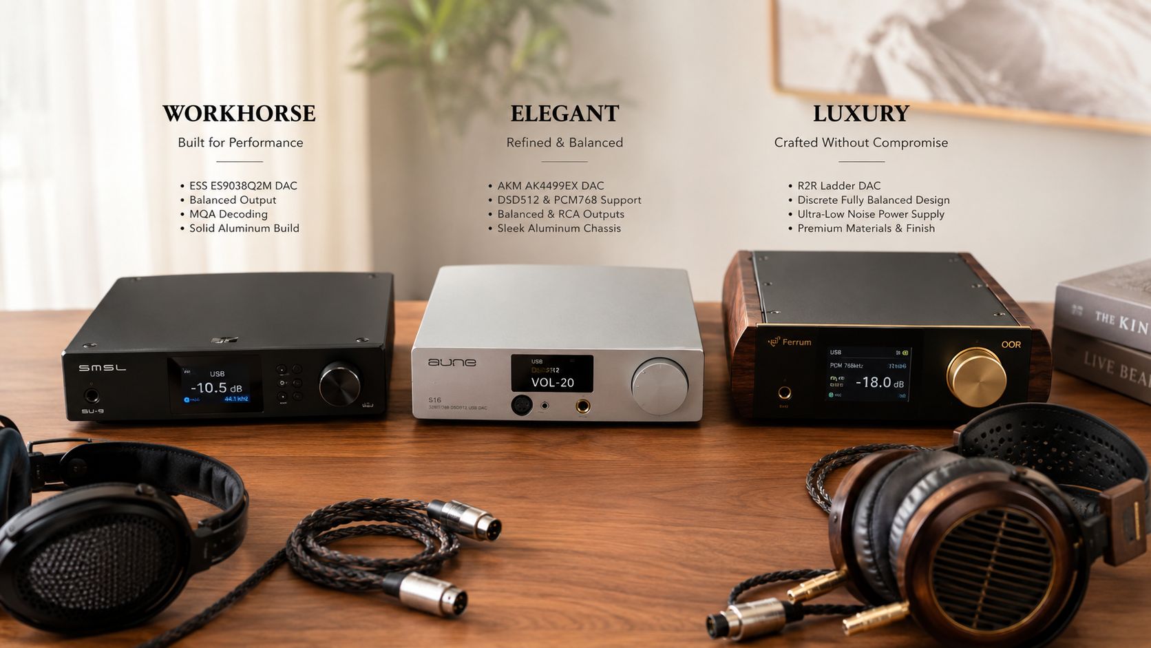 Three different high-end audio DAC units displayed on a wooden table with professional audiophile headphones nearby.