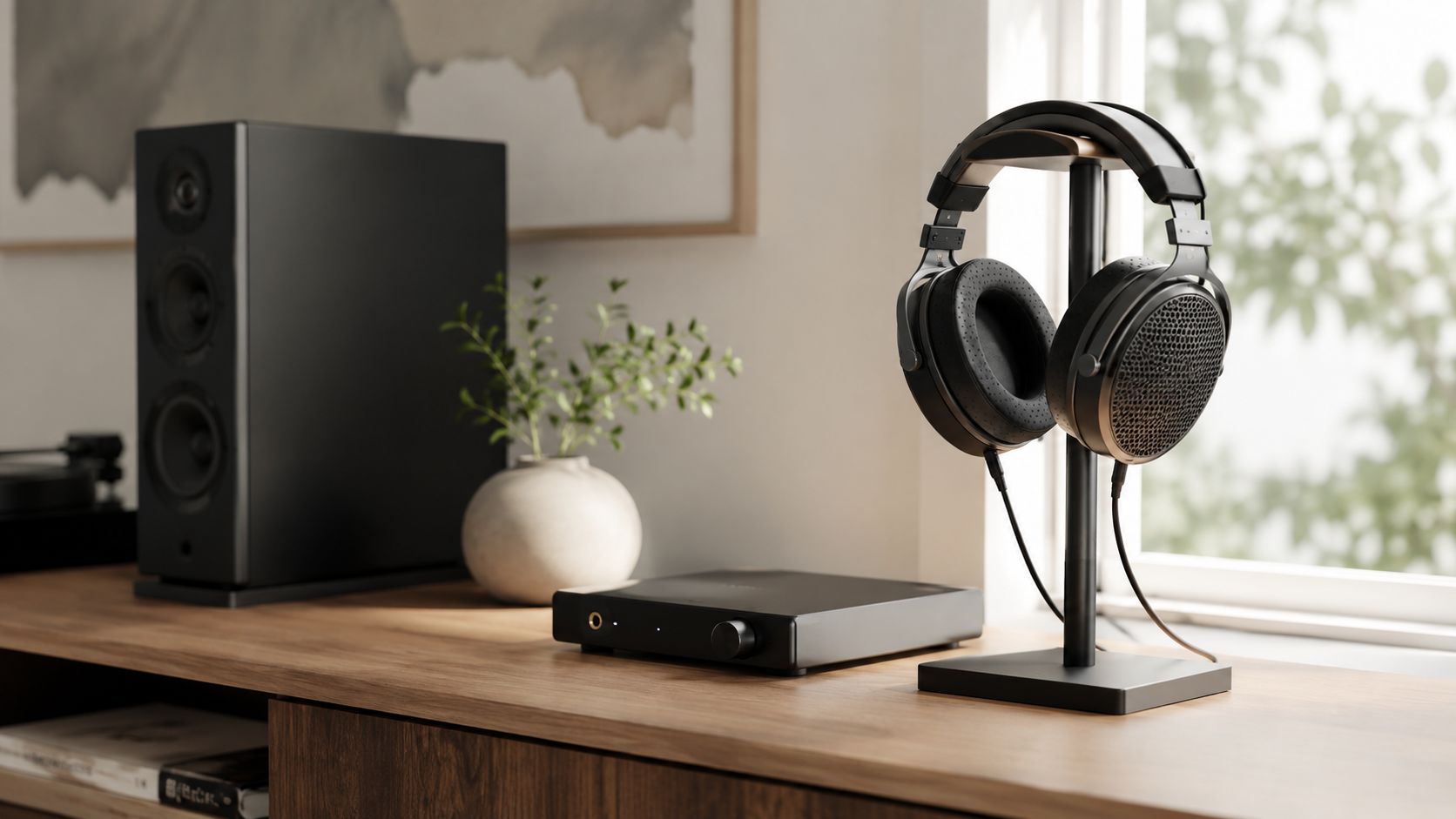 High-end headphones on a stand with a DAC and speaker on a wooden desk near a window.