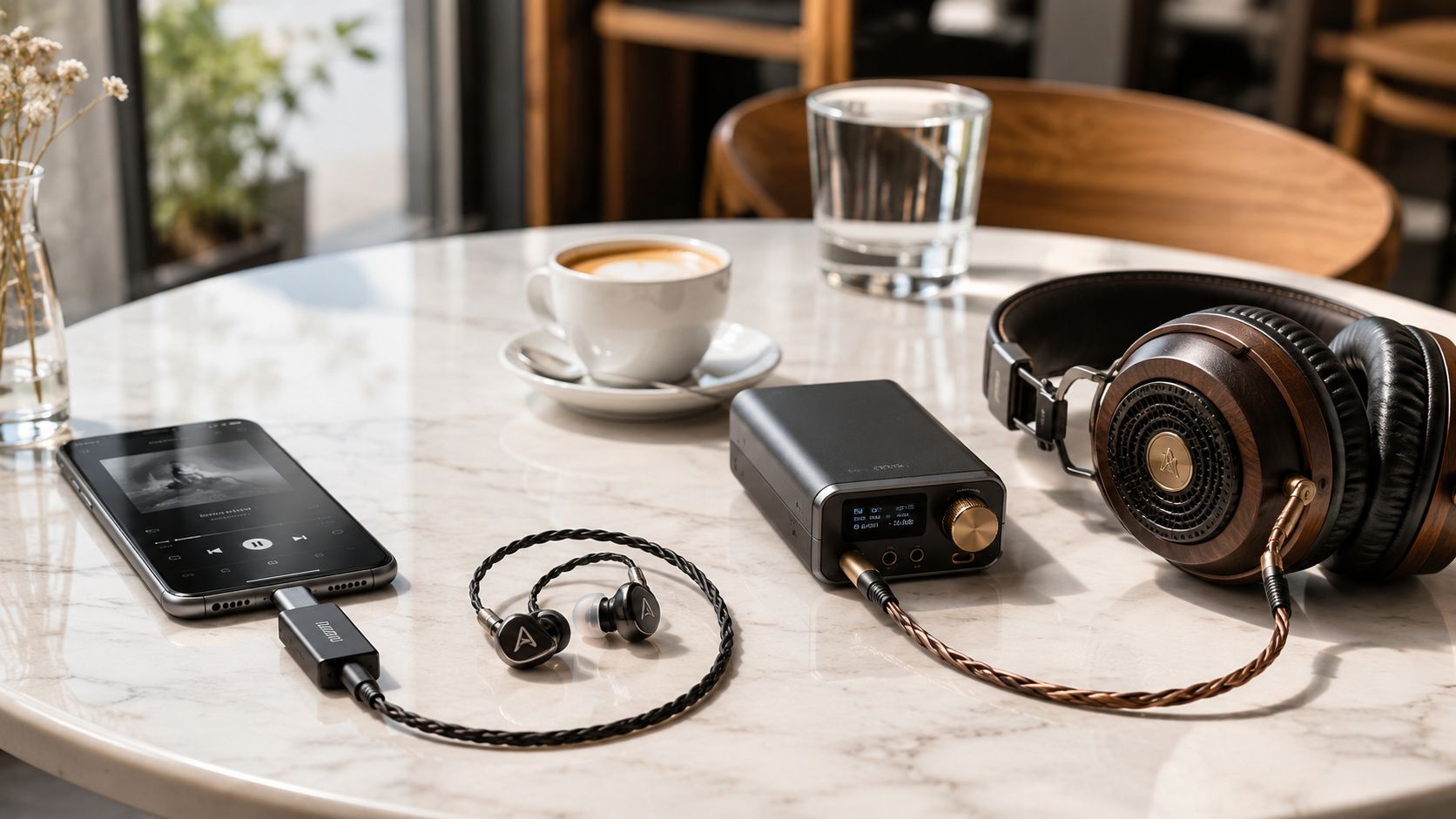 A smartphone connected to a portable DAC with wired earphones and premium wooden headphones on a cafe table.