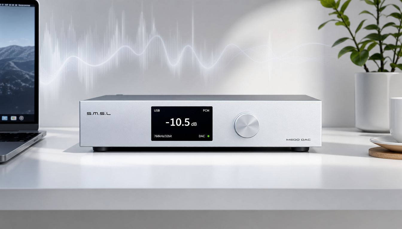 A modern silver SMSL M500 DAC audio converter sitting on a white desk next to a laptop.