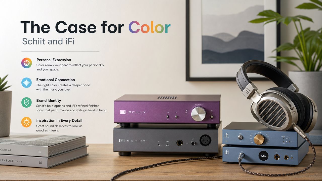 A setup featuring Schiit and iFi audio equipment including a purple DAC, headphone amplifier, and headphones.