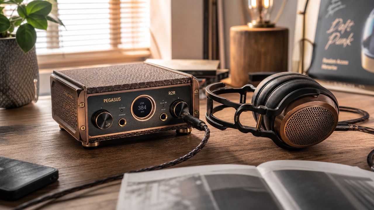 A premium desktop DAC and amplifier unit with wooden textured finish paired with open back headphones on a desk.