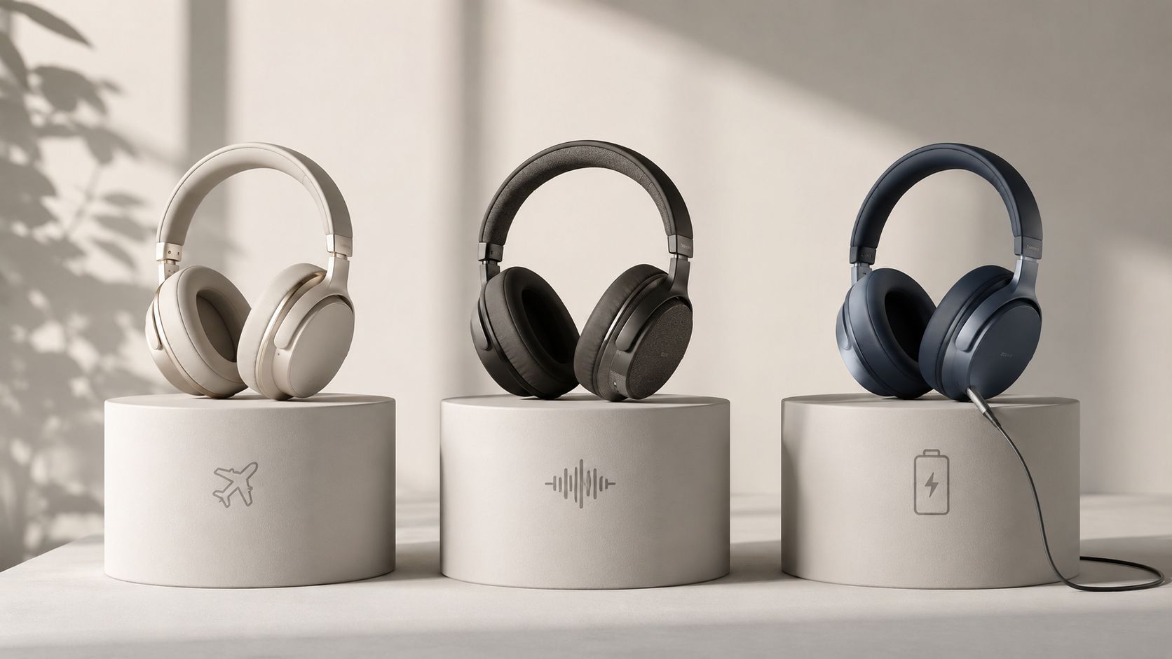 Three different colored wireless headphones displayed on cylindrical stands with minimalist icons representing their key features.