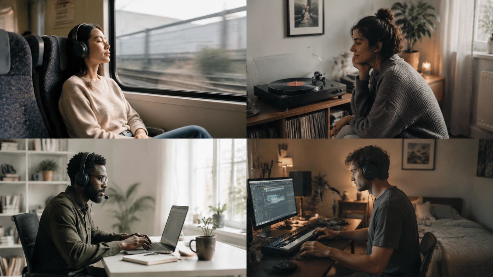 A collage showing four different people using headphones while traveling, relaxing at home, or working on computers.