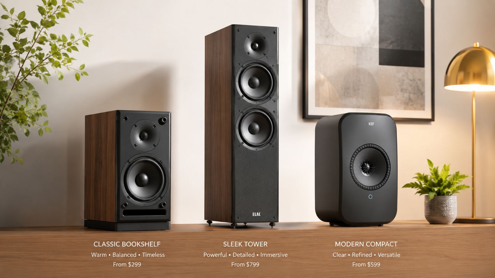 Three different home audio speakers arranged on a wooden surface in a well-lit living room.