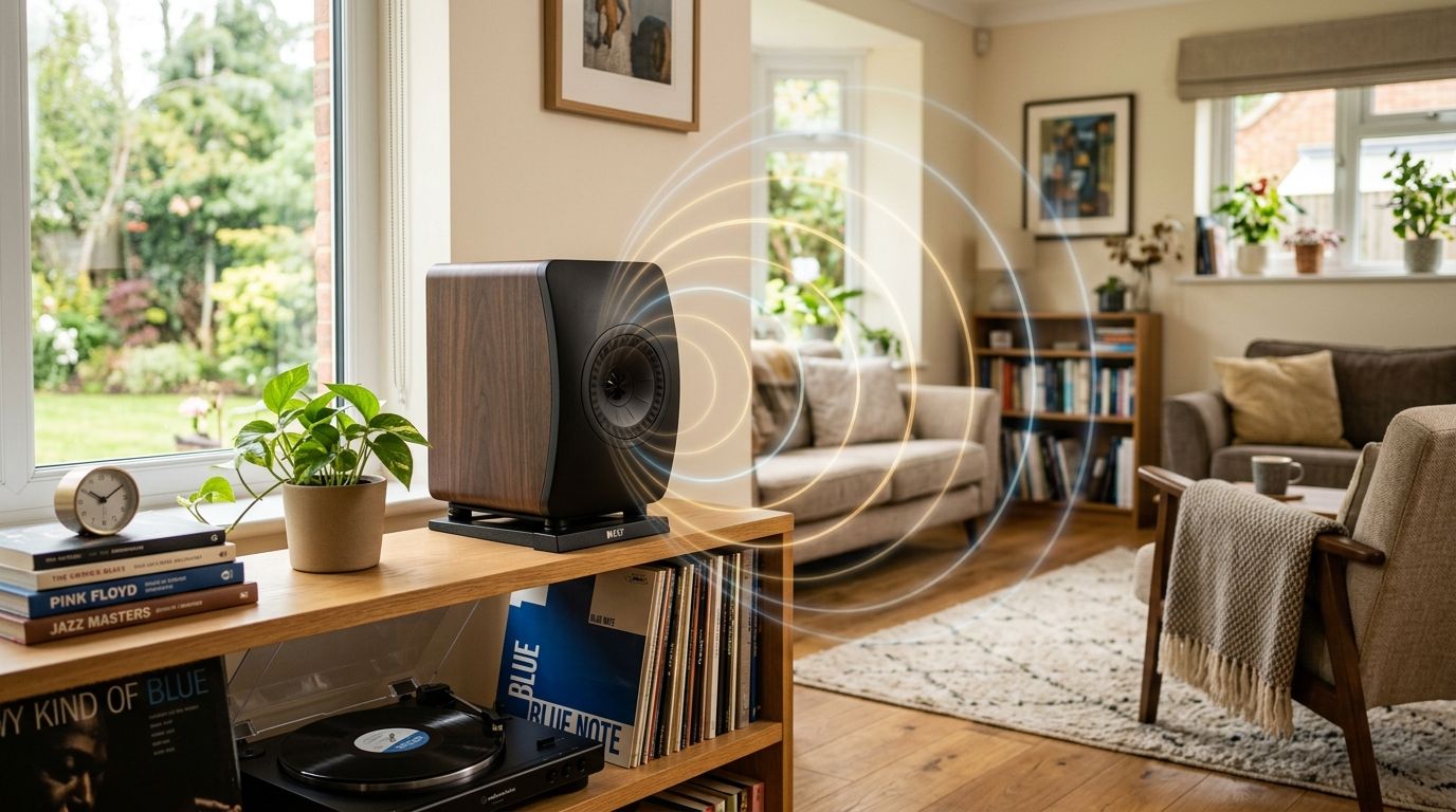 A premium wooden bookshelf speaker sits on a modern record player console in a cozy living room.