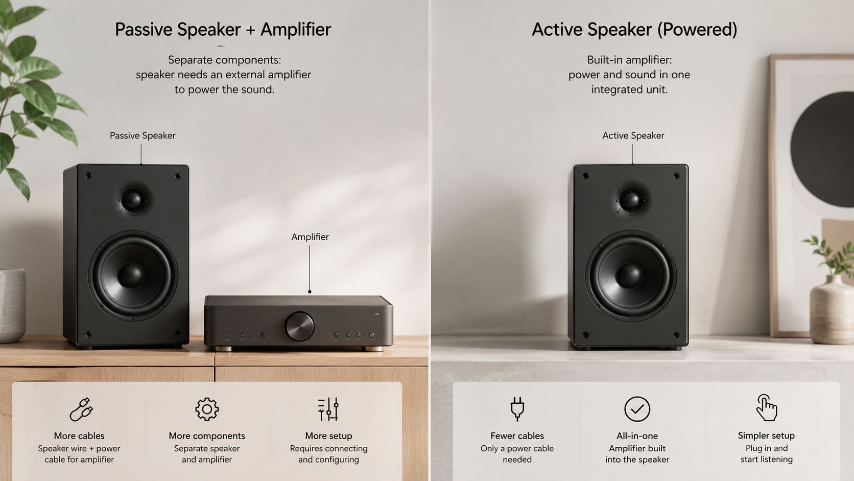 Comparison graphic showing the differences between a passive speaker system and an all-in-one active powered speaker.