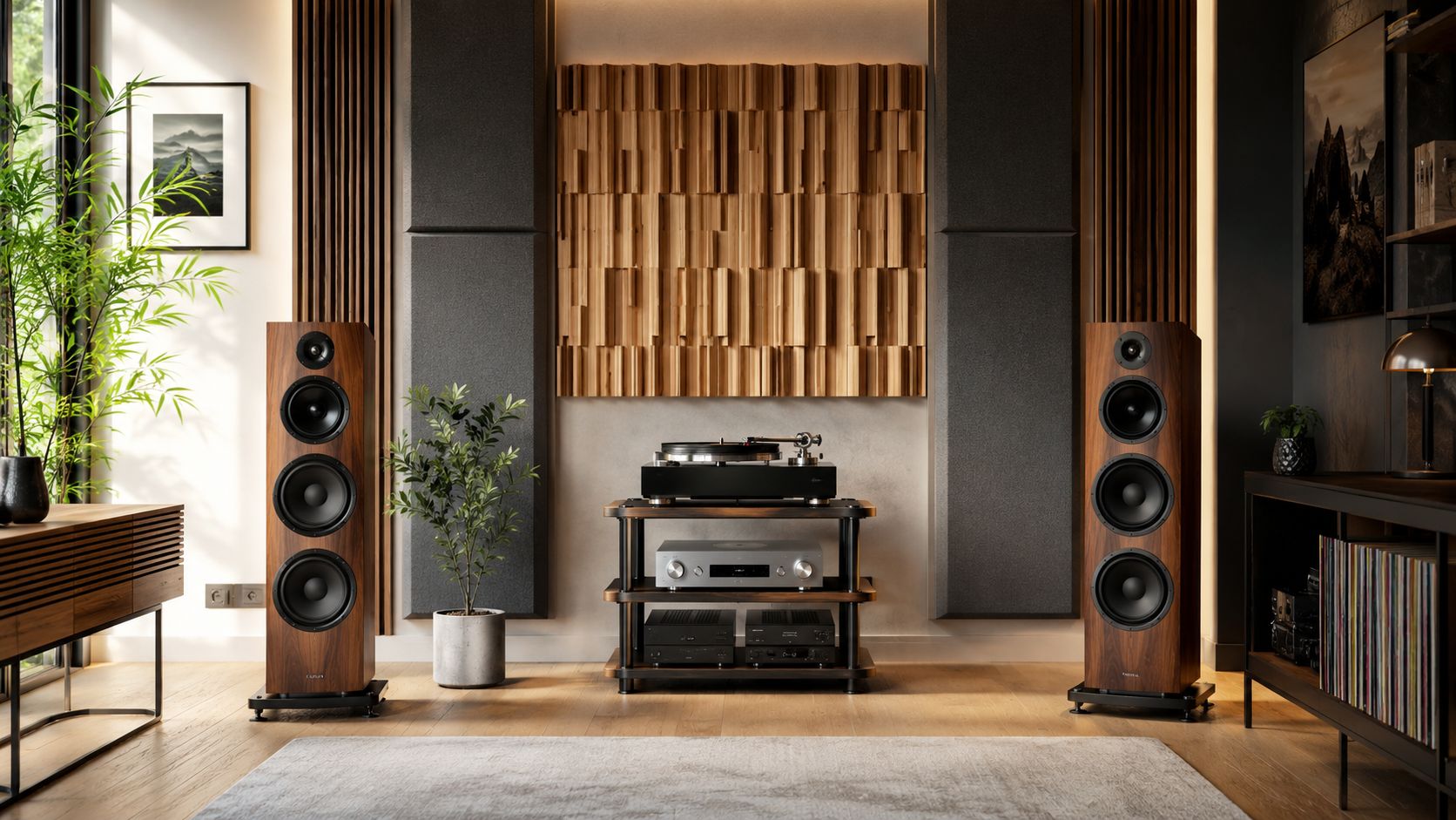 A sophisticated high-end audio setup featuring tall wooden floor speakers, a turntable, and amplifier in a room.