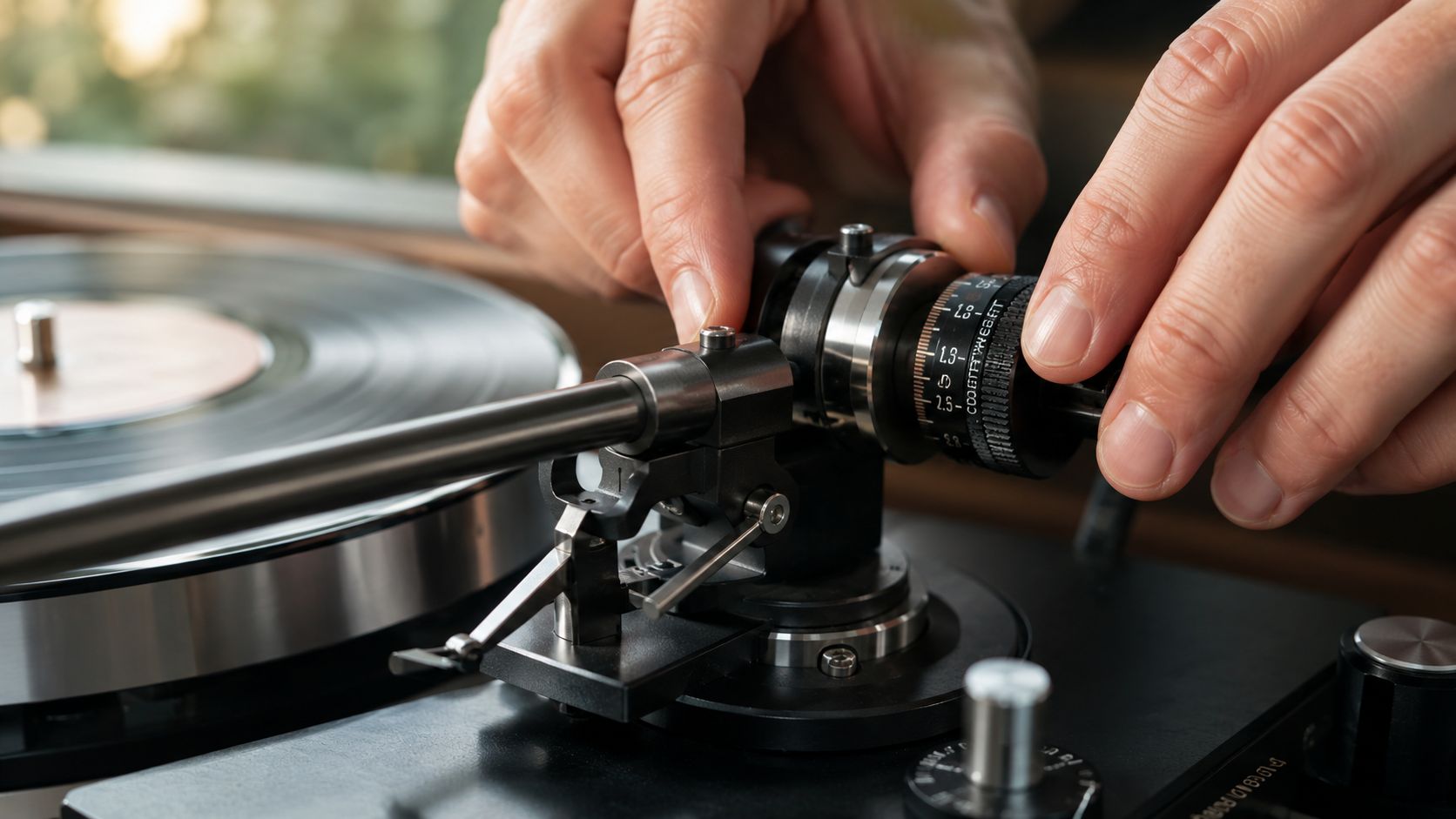A close-up shot of a person carefully calibrating the tracking force on a professional vinyl record player.