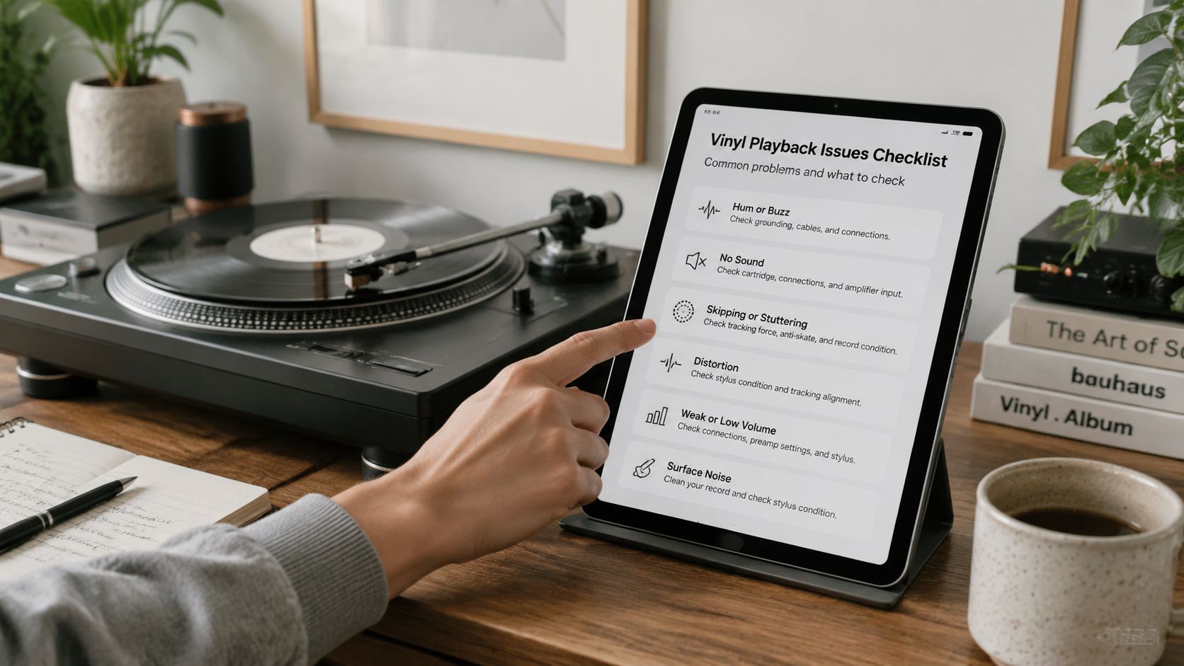 A person pointing at a vinyl playback issues checklist on a tablet placed near a turntable setup.