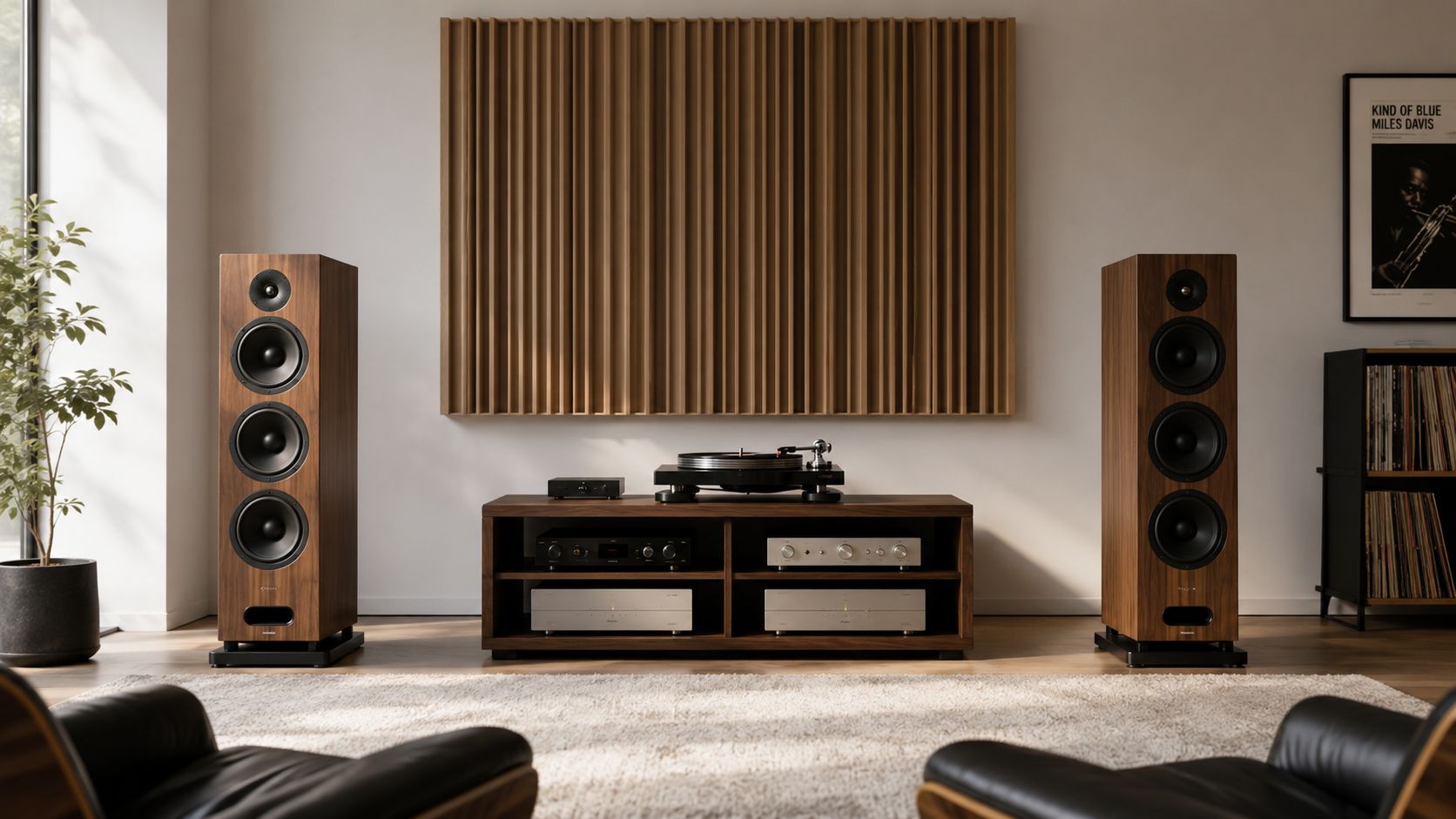 A luxurious home audio listening room with high-end floor standing speakers, vinyl turntable, and acoustic wooden wall panels.
