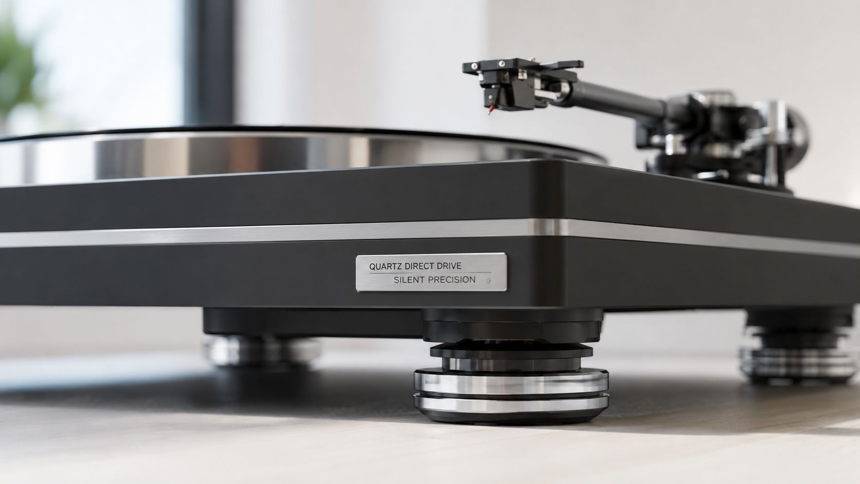 A close-up view of a high-end matte black turntable featuring a metallic plate that reads Quartz Direct Drive.