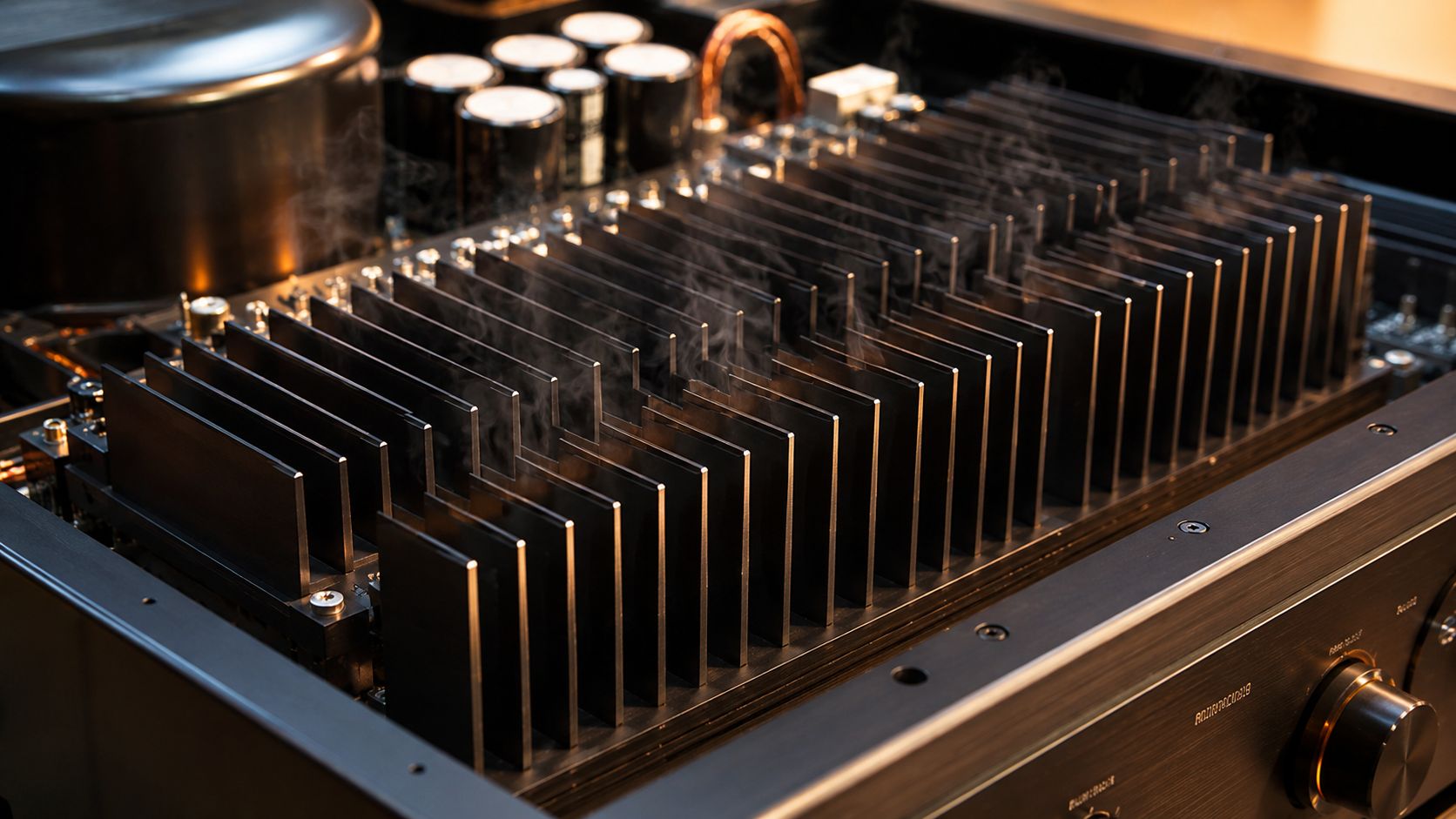 A close-up view of the internal components of a high-end audio amplifier with steaming heat sinks.