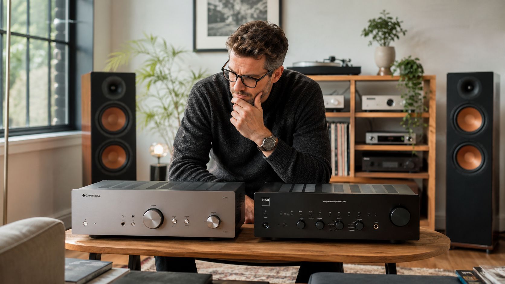 A man thoughtfully comparing two high-end audio amplifiers placed on a wooden table in a living room.