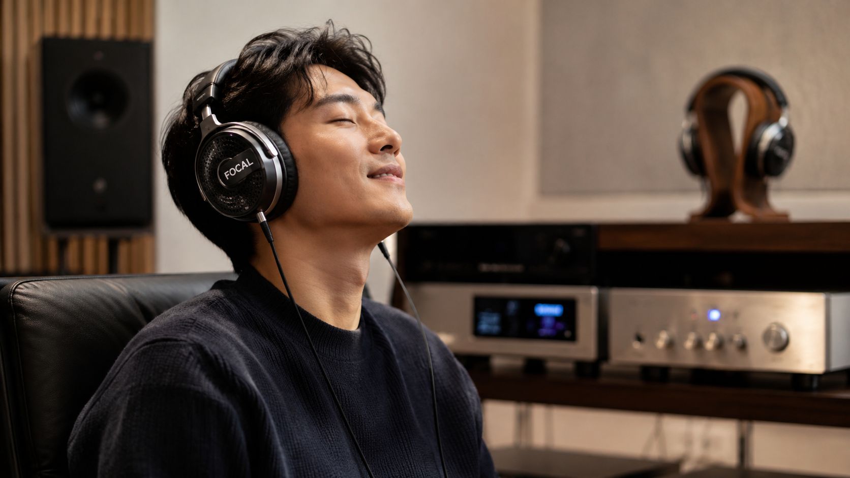 A man wearing premium Focal headphones sitting comfortably while listening to high quality audio equipment.
