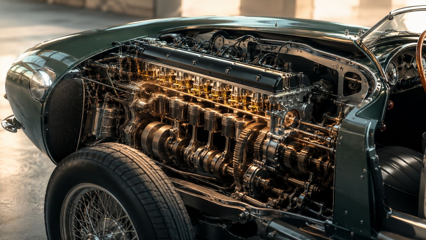 A close-up view of a high-performance vintage car engine exposed for repair in a workshop.