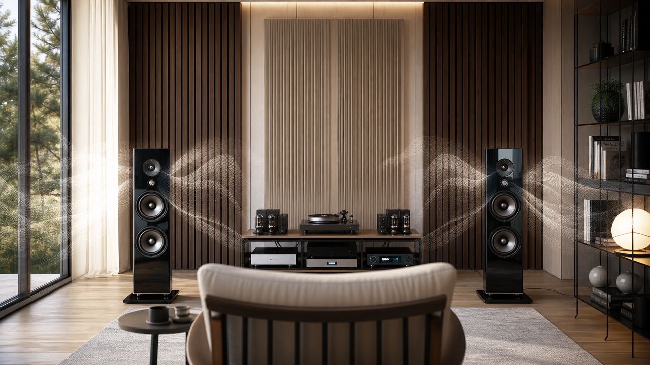 A modern living room with a high-end audio setup featuring floor standing speakers and tube amplifiers.