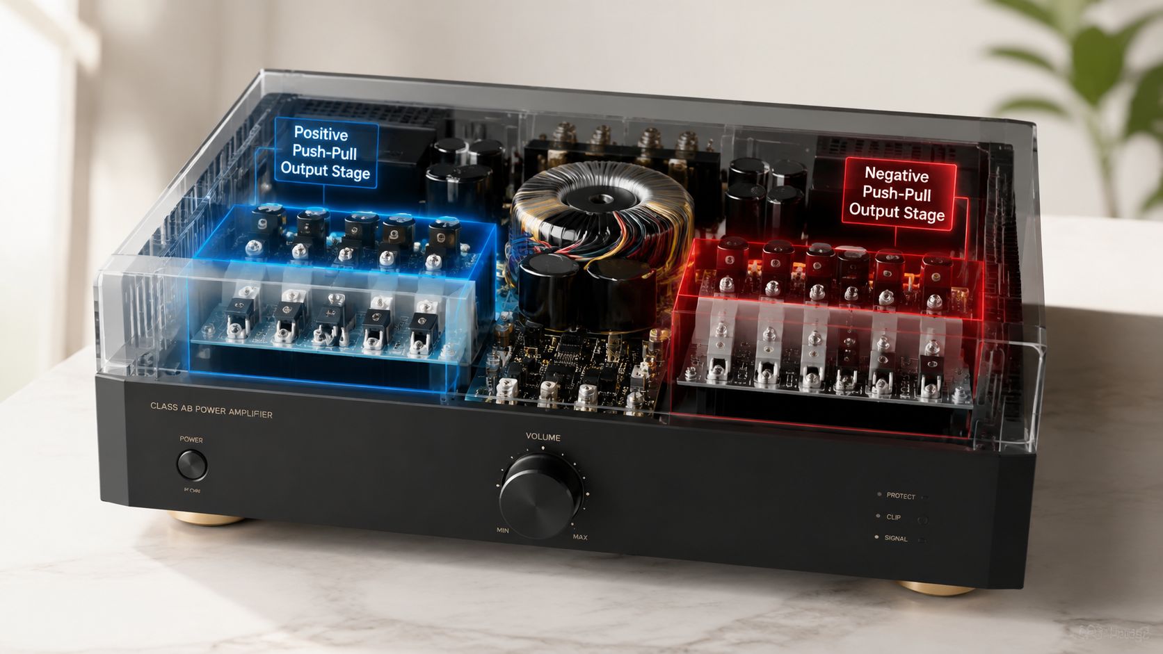 A transparent view of a high-end Class AB power amplifier showing its internal electronic circuitry and output stages.
