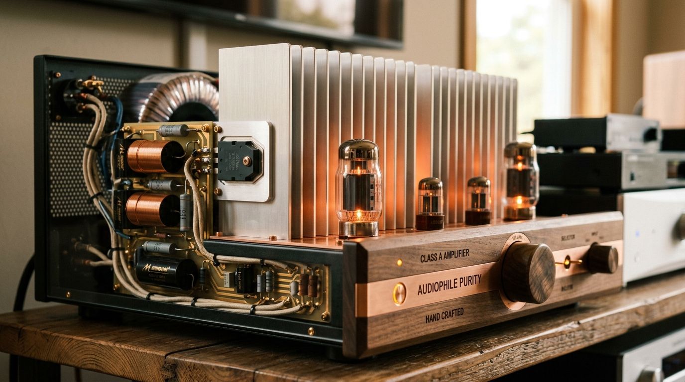 A premium handcrafted audiophile vacuum tube amplifier featuring internal components and a wooden front panel design.