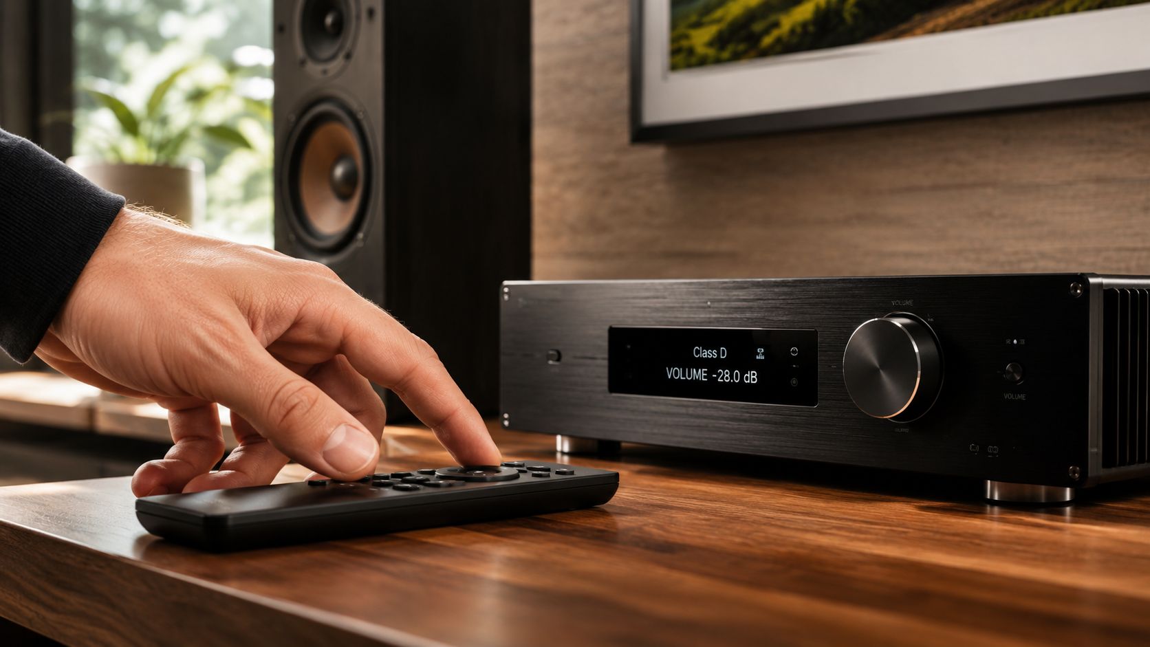 A close-up view of a person's hand using a remote to adjust a high-end Class D audio amplifier.