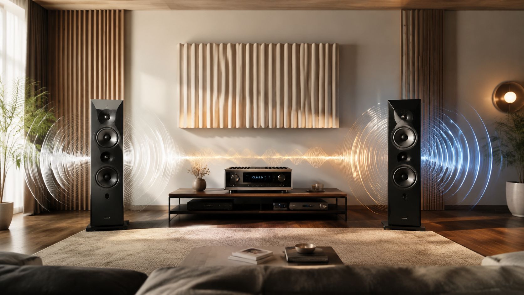 A luxurious home theater setup featuring high-end floor-standing speakers and a Class D amplifier emitting sound waves.